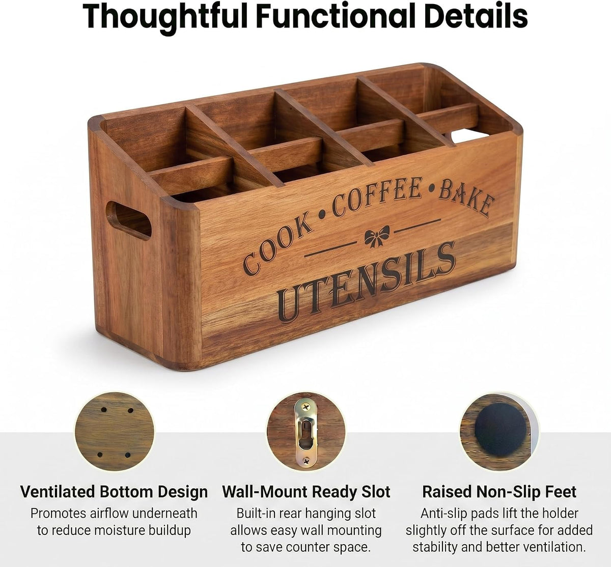 Acacia Wood Utensil Holder, 4 Compartments, Countertop or Wall | Extra-large acacia wood holder with ventilation holes