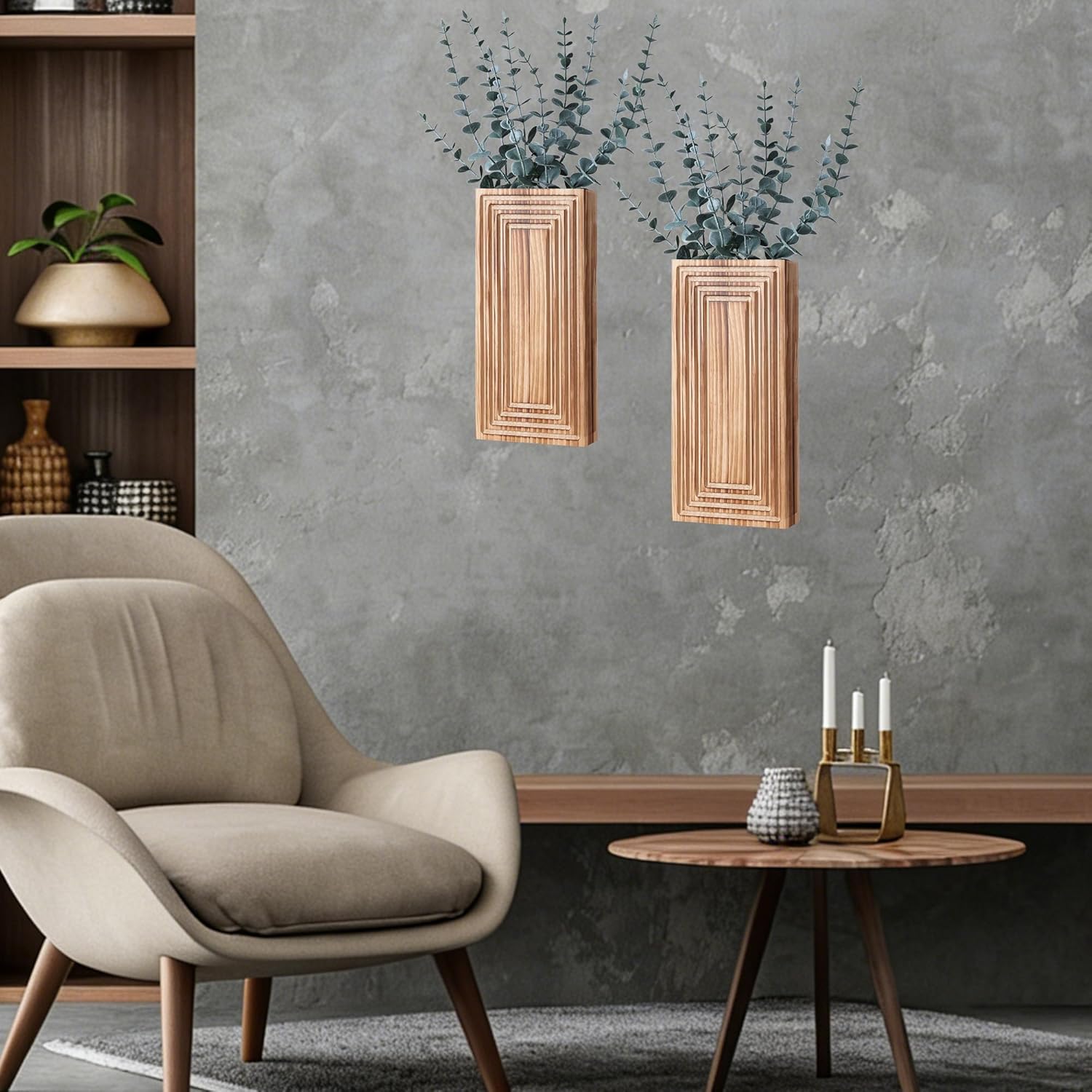 Wooden Wall Planter Vase / Burnt Brown with Eucalyptus / Set of 2