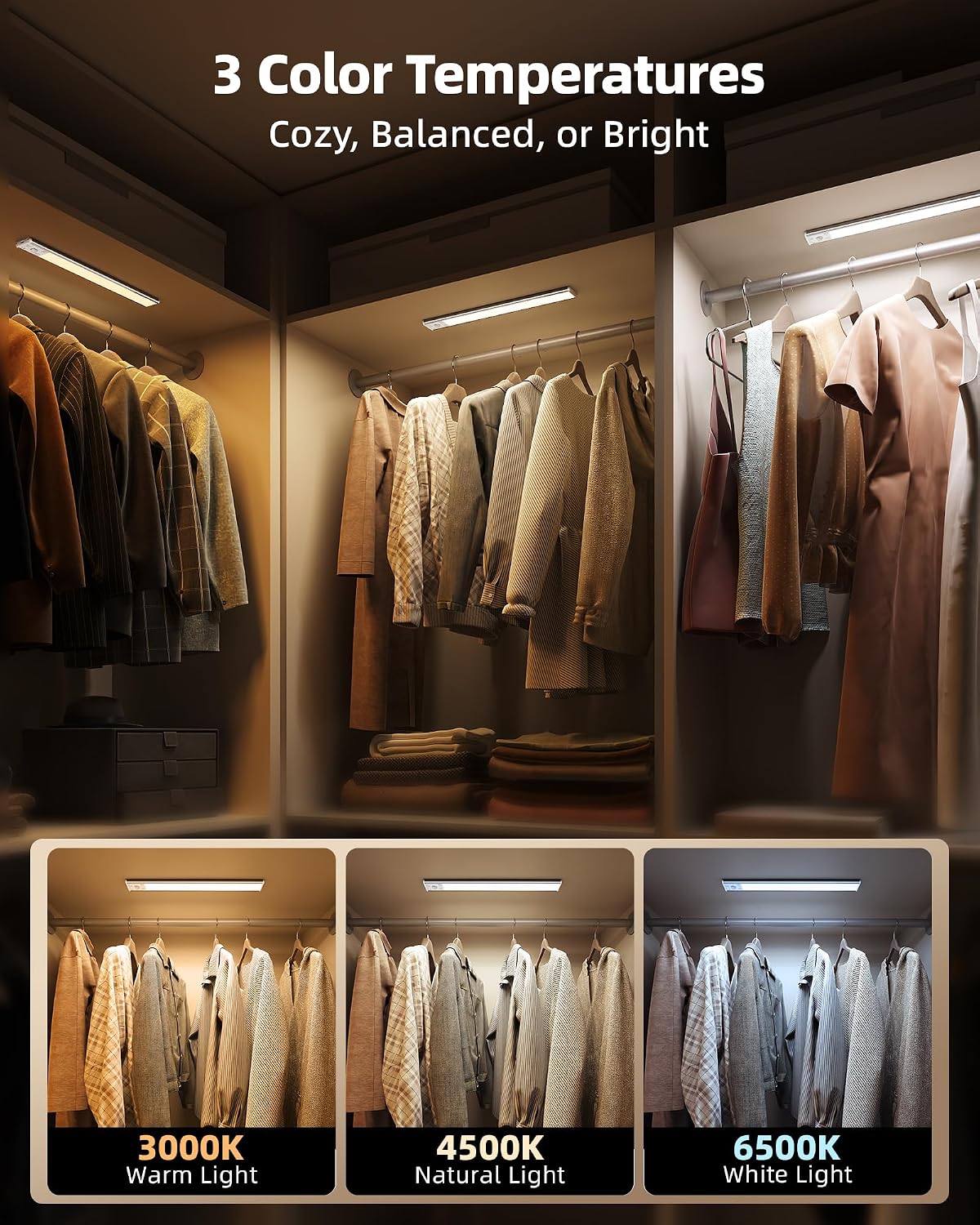 EZVALO Under Cabinet Lighting, 3500mAh Rechargeable Motion Sensor Light Indoor, 3 Color Temps, 5-Level Dimmable