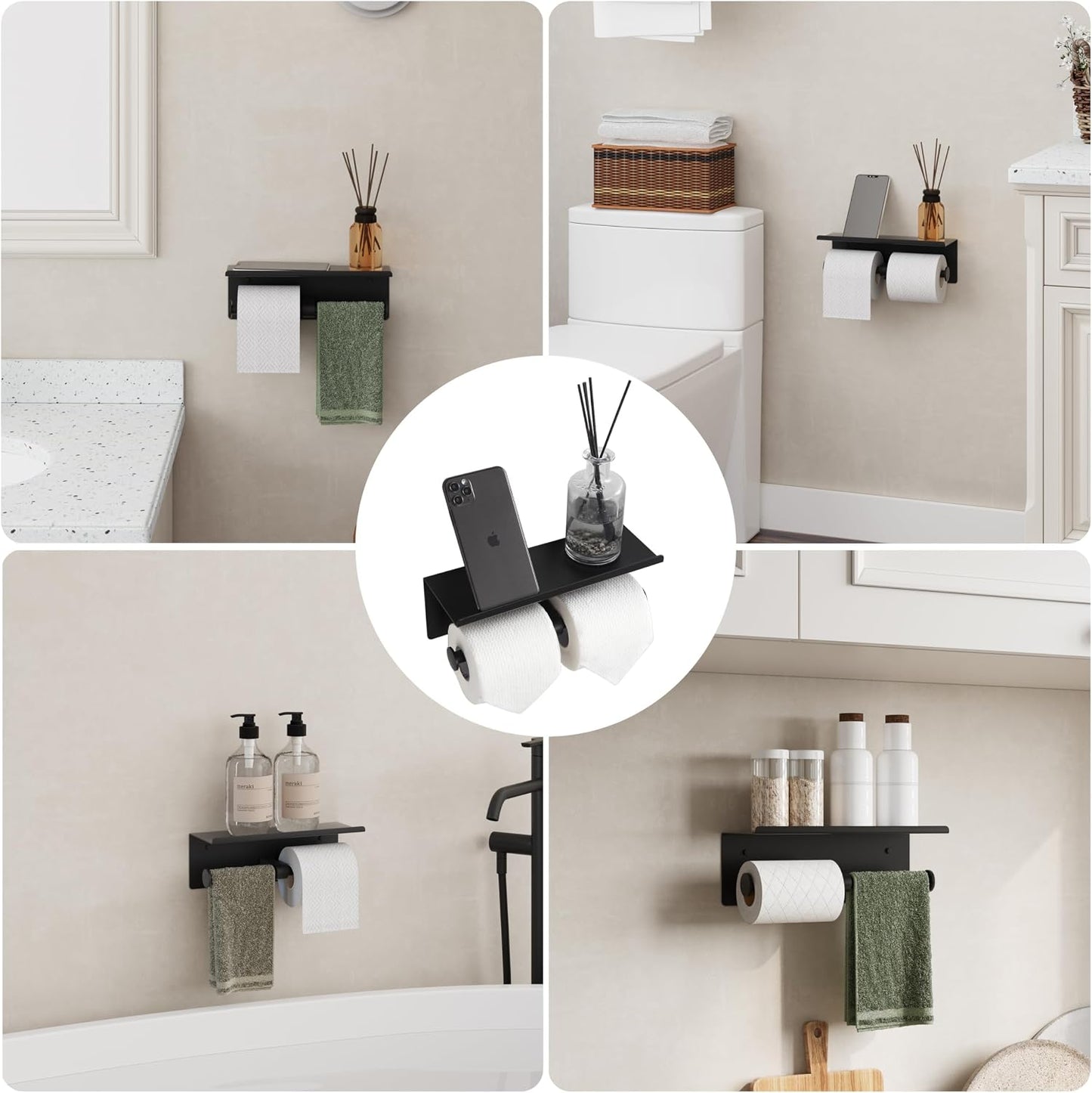 Black Toilet Paper Roll Holder with Shelf Wall Mounted for Bathroom (Black, Double Head)
