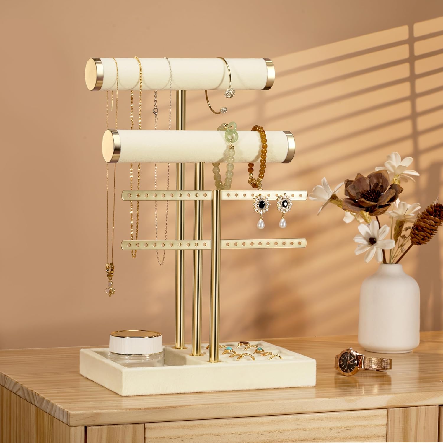 Detachable T Bar Velvet Bracelet Holder / Beige / Standard