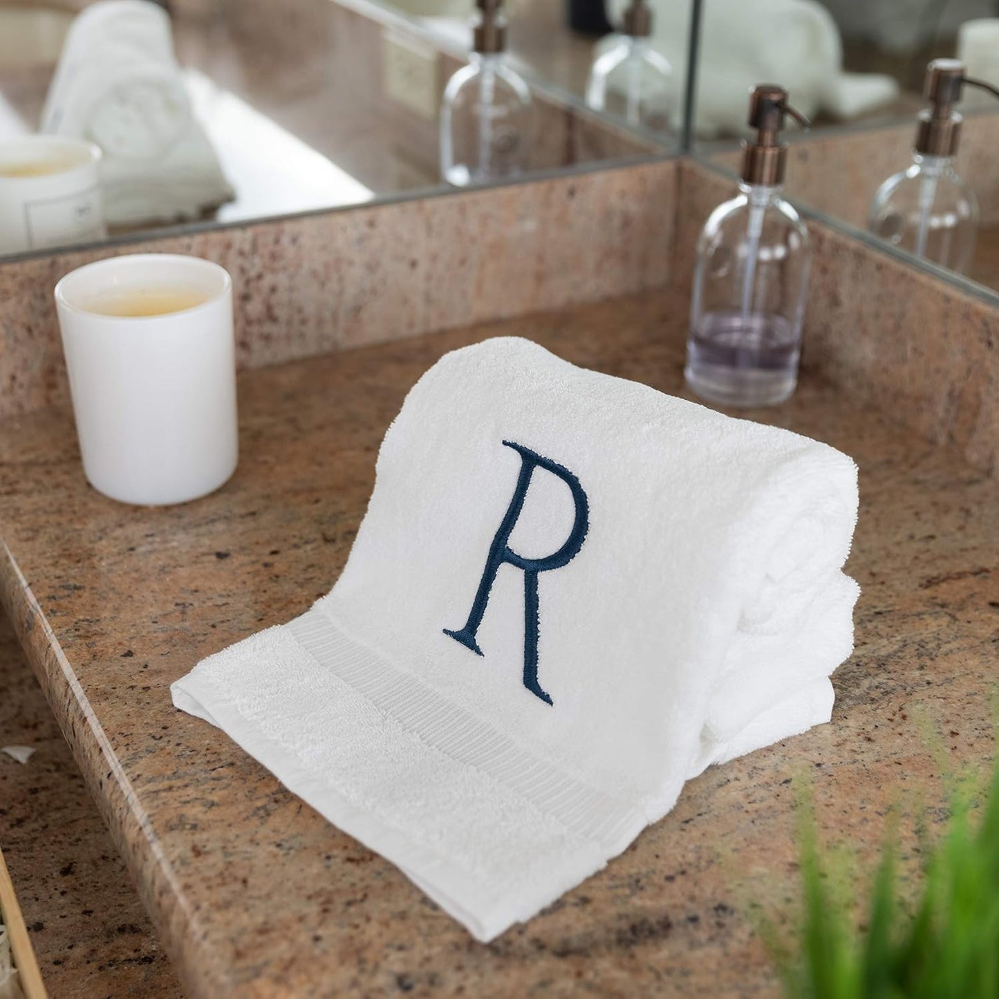 White with Navy Monogrammed Hand Towels for Bathroom - Set of 2 Letter R | Luxury Hotel Quality Initial Towels For