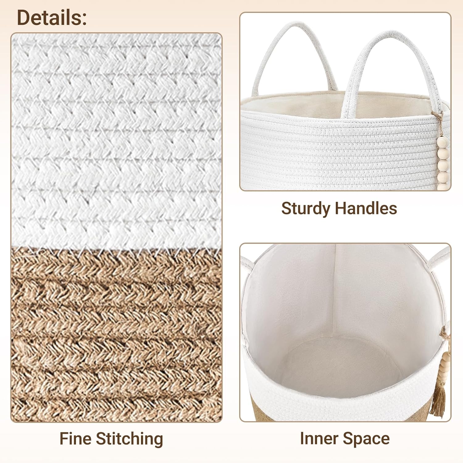 Woven Storage Basket Decorative Natural Rope Basket Wooden / Cream White and Brown / 16" W x 13.8"L