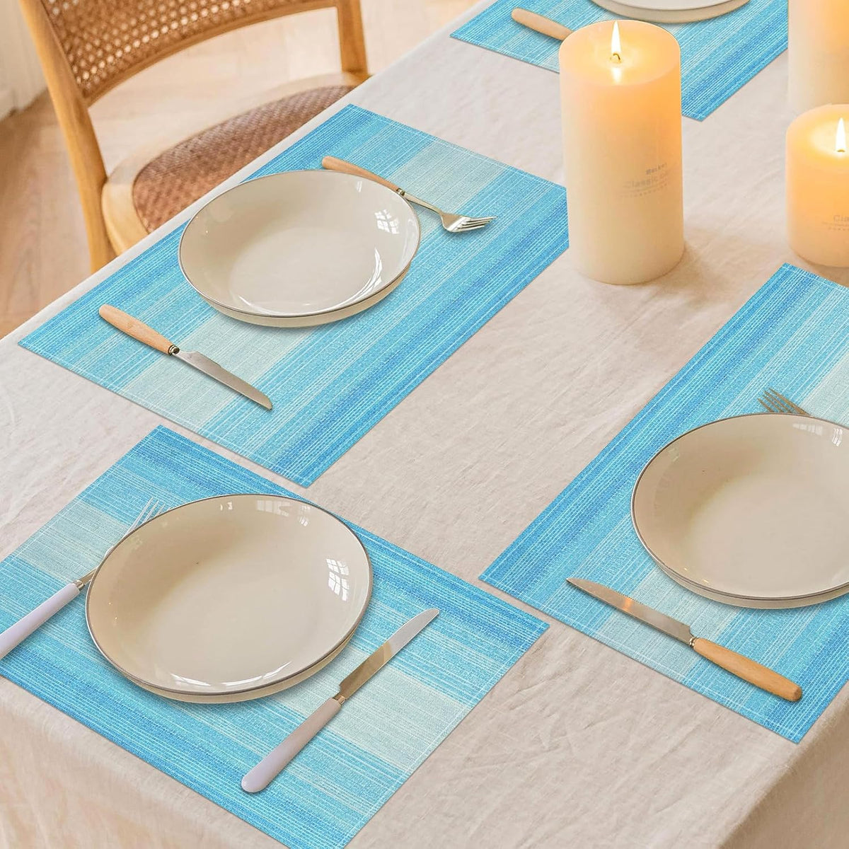 Blue Placemats Set of 8, 12x18 Inch Washable Easy to Clean Heat-Resistant Anti-Skid Table Mats for Holiday Party