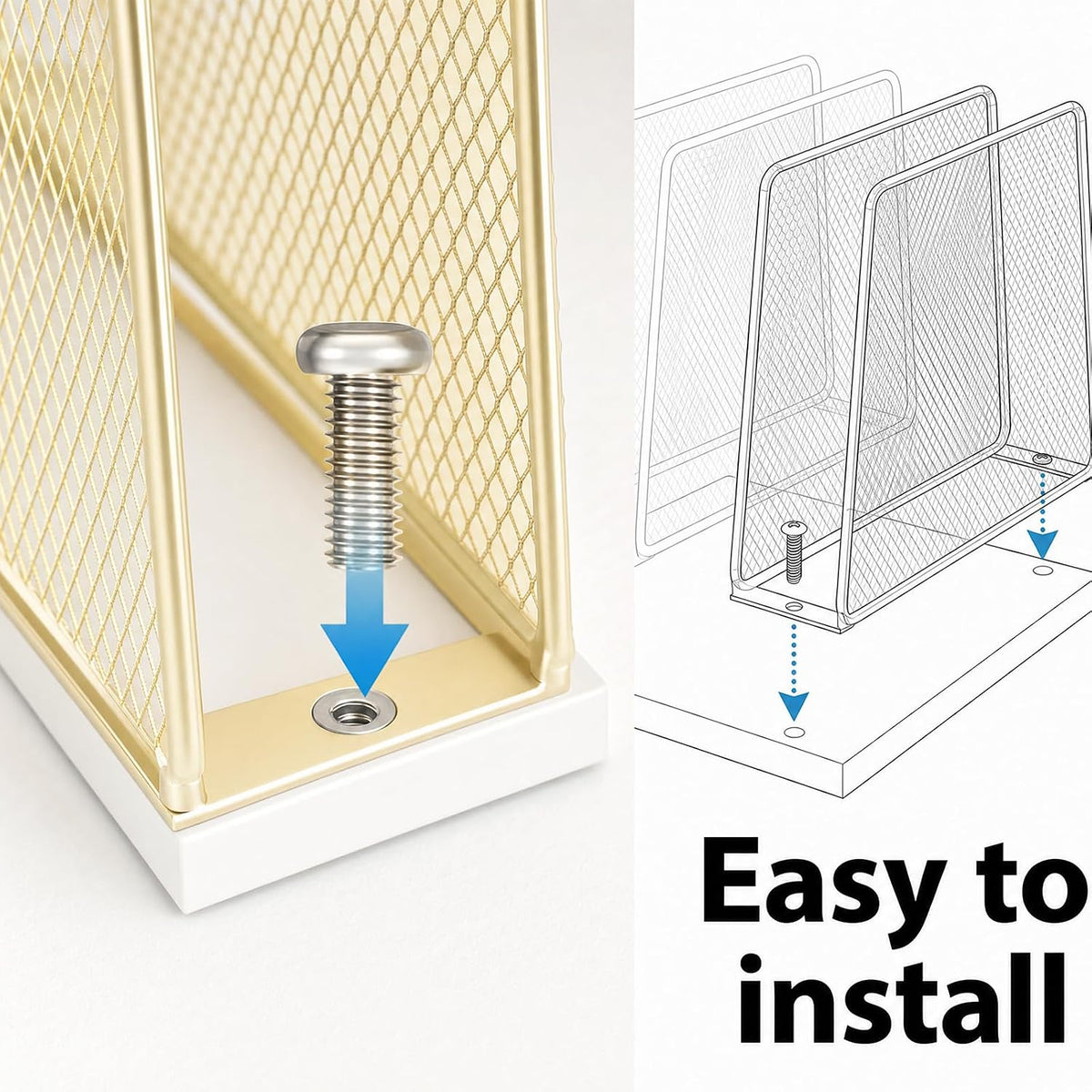 5-Section Vertical File Organizer for Desk, Gold | Sturdy Wood Base, Metal Mesh, Desktop File Holder, Upright Paper