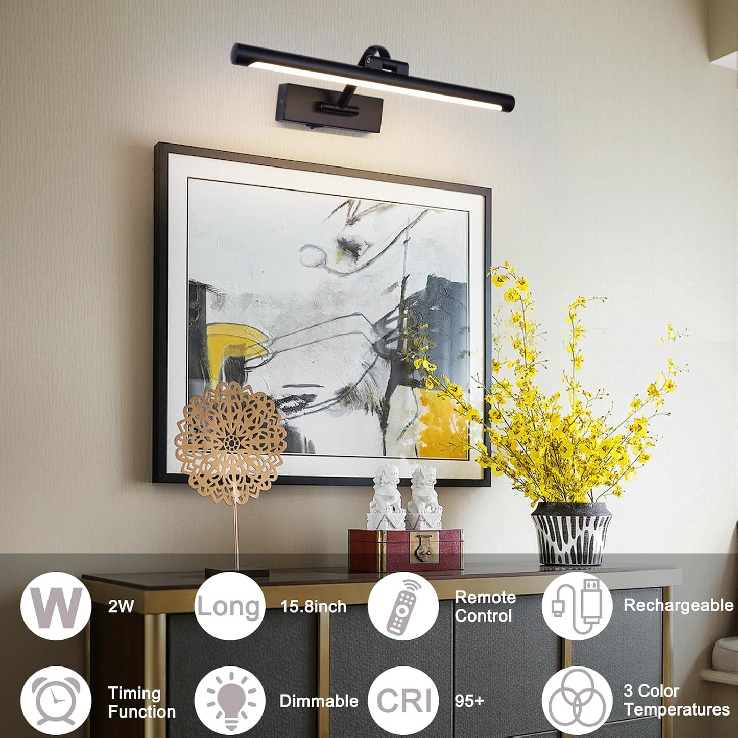 Black Picture Lights Battery Operated 16” Frame light Rechargeable Gallery Lighting Remote Wireless Art Light for