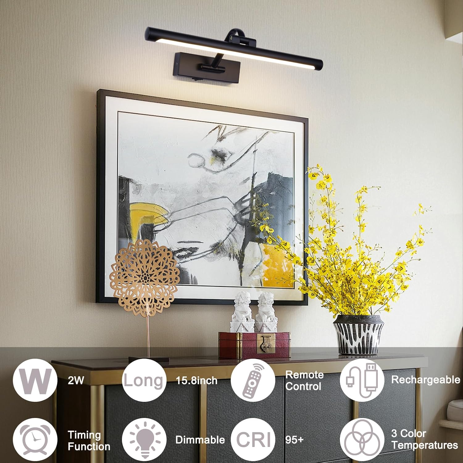 Black Picture Lights Battery Operated 16” Frame light Rechargeable Gallery Lighting Remote Wireless Art Light for