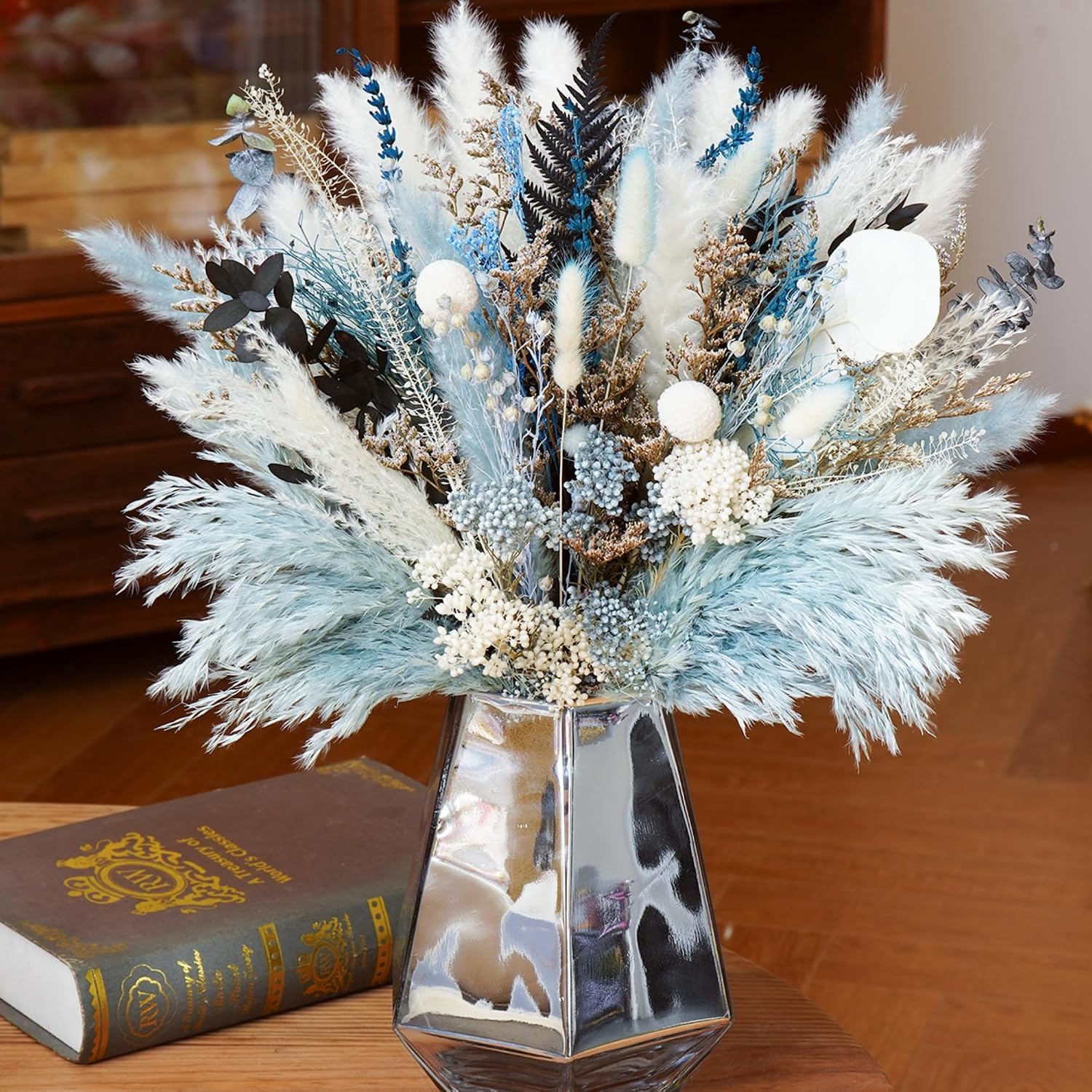 Dried Flowers / Eucalyptus & Reeds Bouquet for Boho Rustic Home Decor / Light Blue