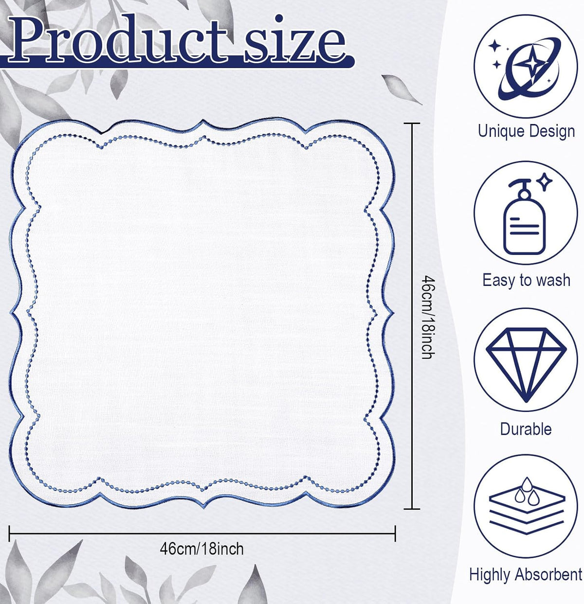 Hahafelt Cloth Napkins 18x18inches Scalloped Embroidery Cloth Napkins Washable Polyester Table Dinner for Hotel