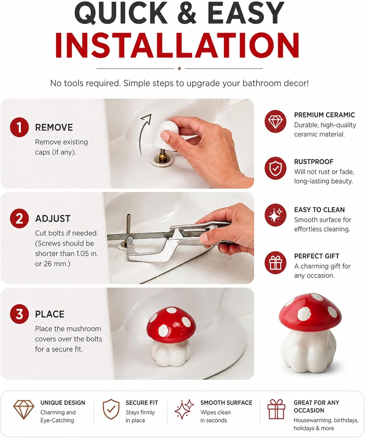 Mushroom Toilet Bolt Covers / Red