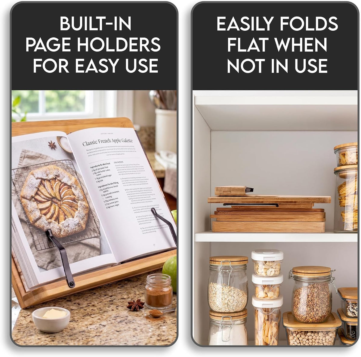 Bamboo Cookbook Stand Large, Adjustable Book Holder Tray and Page Paper Clips - Walnut Color Large - 4-Position Recipe