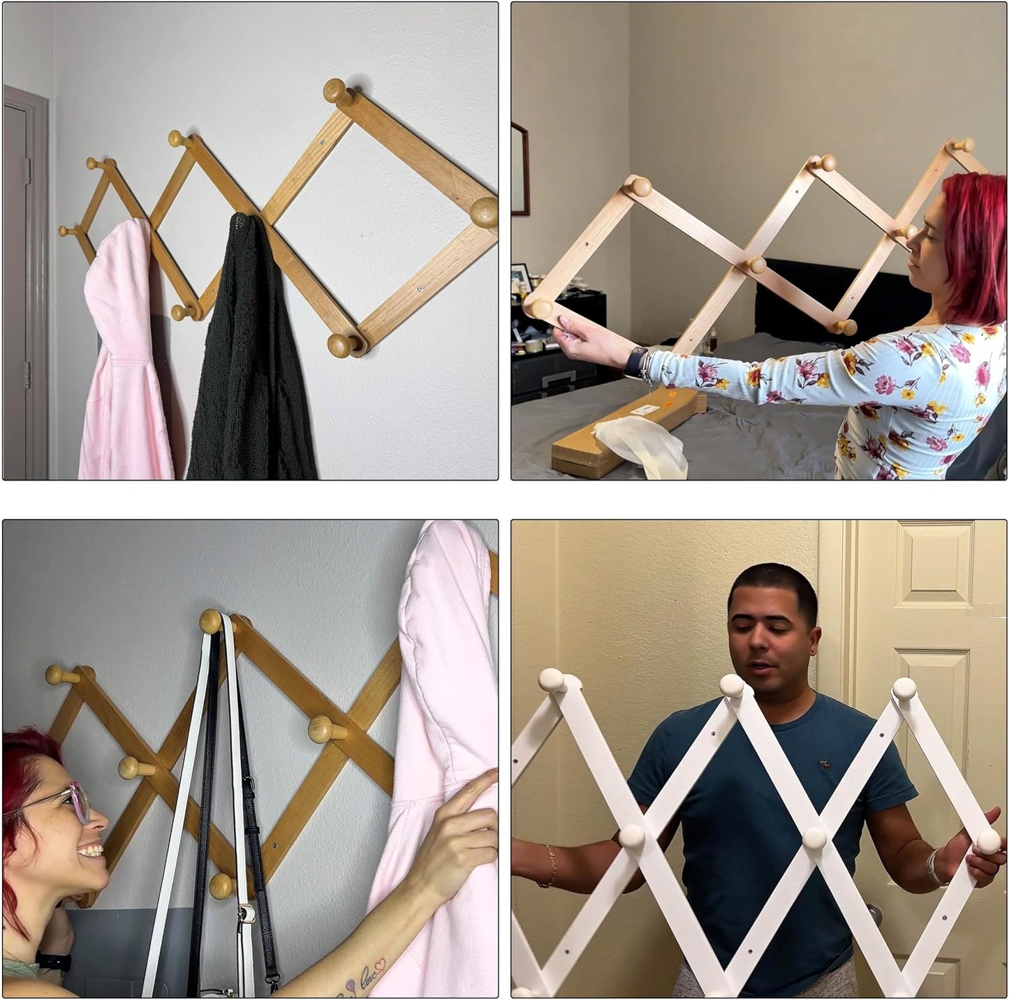 Expandable Coat Rack (Larger Version) - 24” High, Anti-Slip, Ultra Heavy Duty Wooden Accordian Wall Hanger with 10