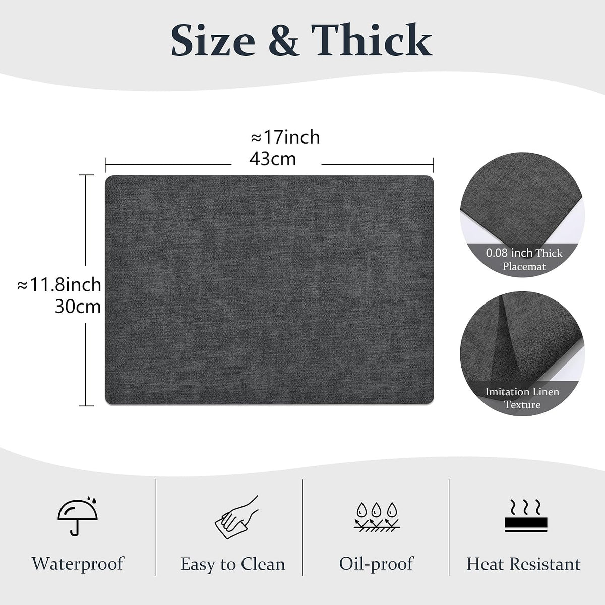 FROMHEART Faux Leather PU Placemats Set of 12 (Dark Grey,11.8" x 17") | Waterproof,Heat/Oil Stain-Resistant Table