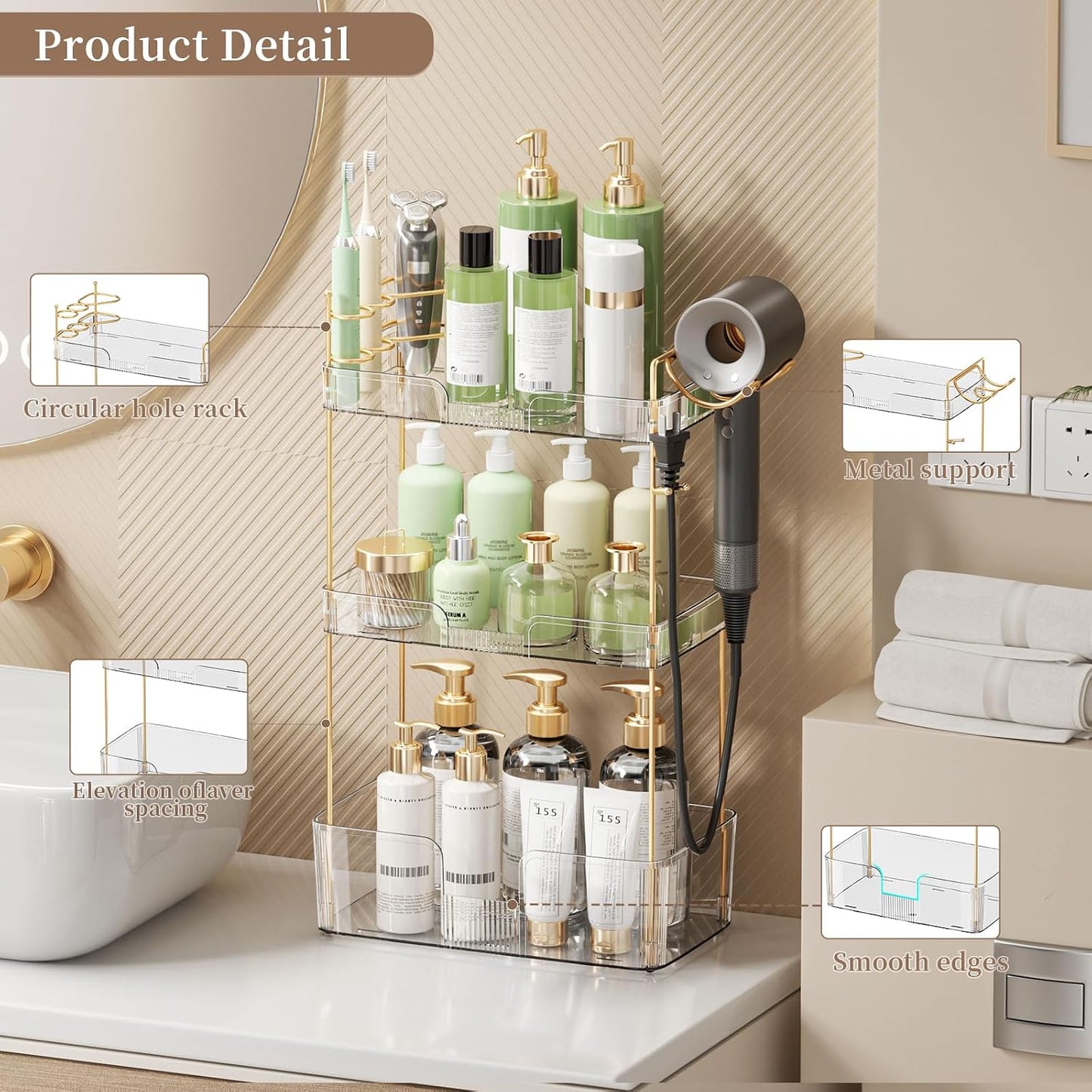 Akinbas 3 Tier Bathroom Organizer Countertop Makeup Perfume Tray Skincare Organizer Comes with Hair Dryer Rack and
