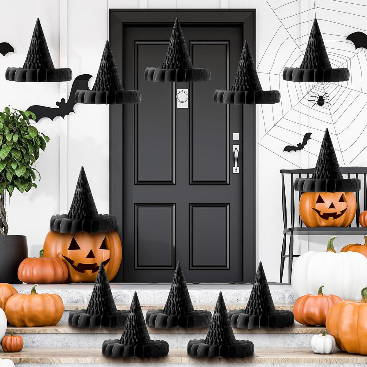 Fourluoo 12 Pack Halloween Honeycomb Decorations Bats Ghosts Set,Witch Hat