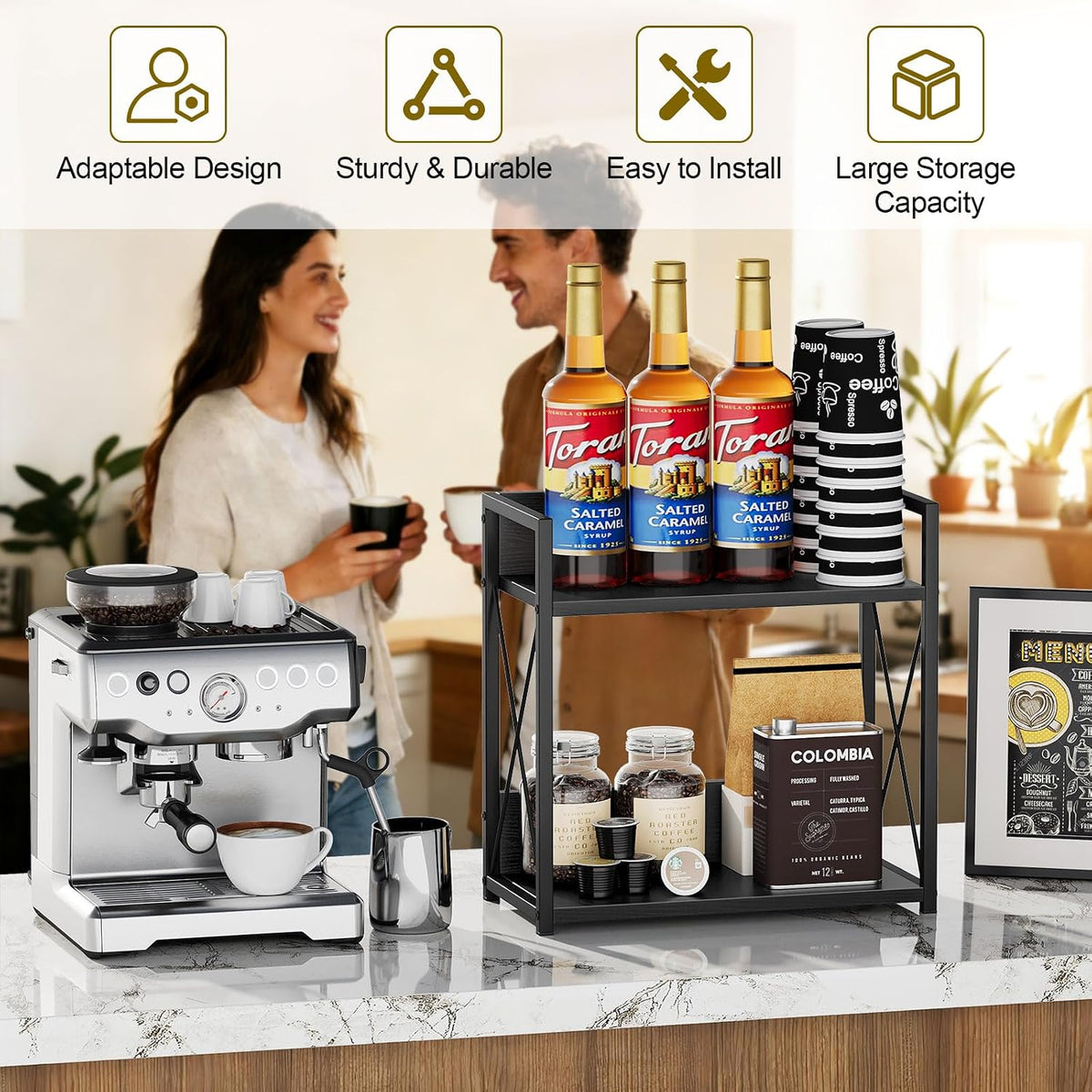 Giikin Kitchen Countertop Organizer, 2 Tier Coffee Bar Organizer, Black Spice Rack for Counter, Kitchen Counter