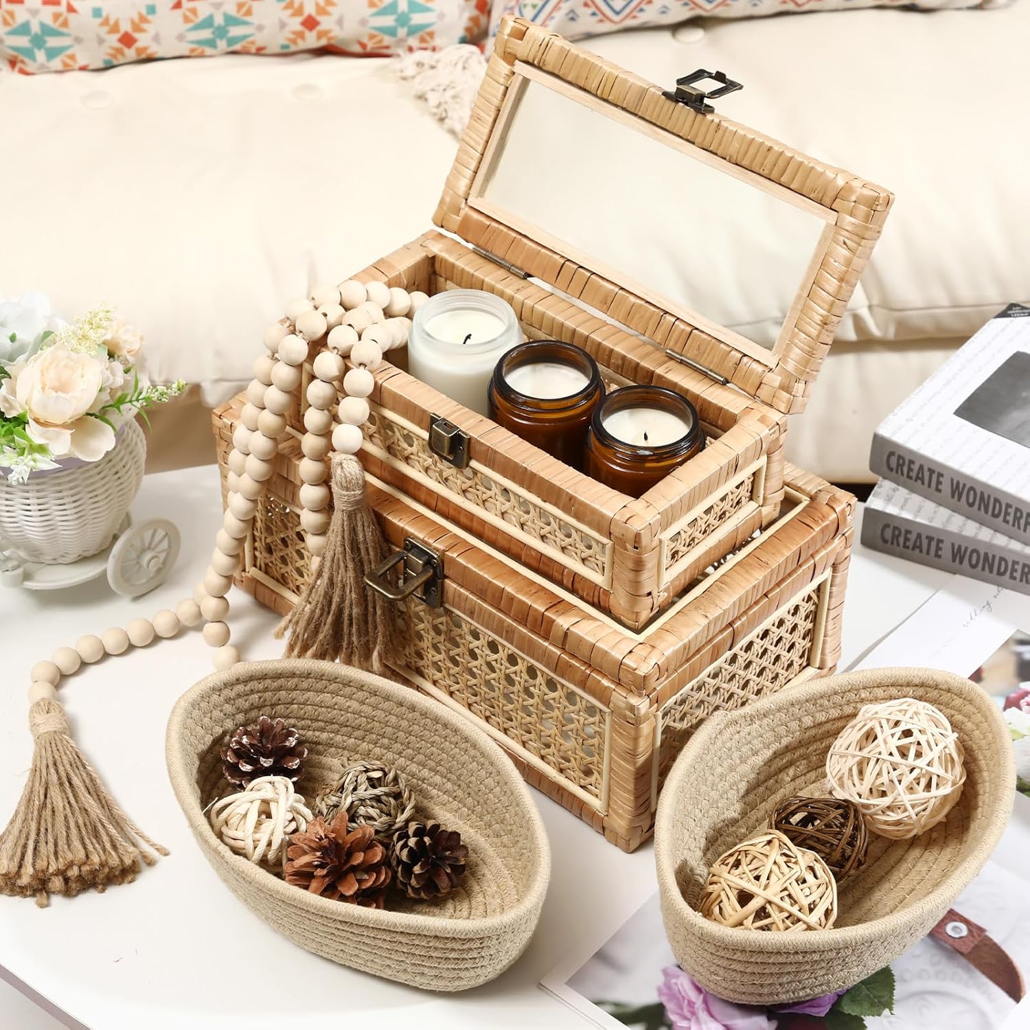 Glass Lid Rectangular Woven Cane Stacking Boxes for Display Rustic Farmhouse / Set of 2