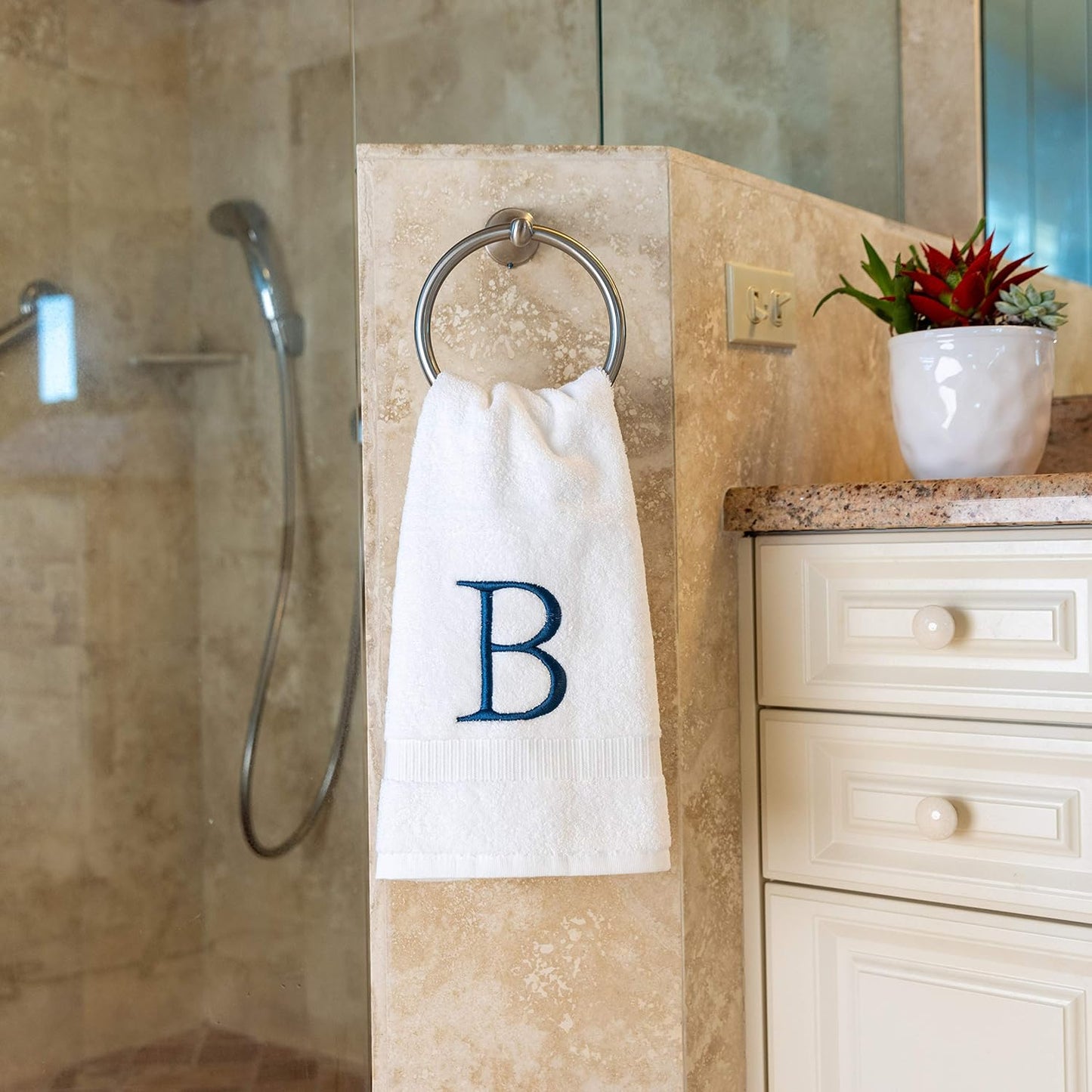 White with Navy Monogrammed Hand Towels for Bathroom - Set of 2 Letter B | Luxury Hotel Quality Initial Towels For