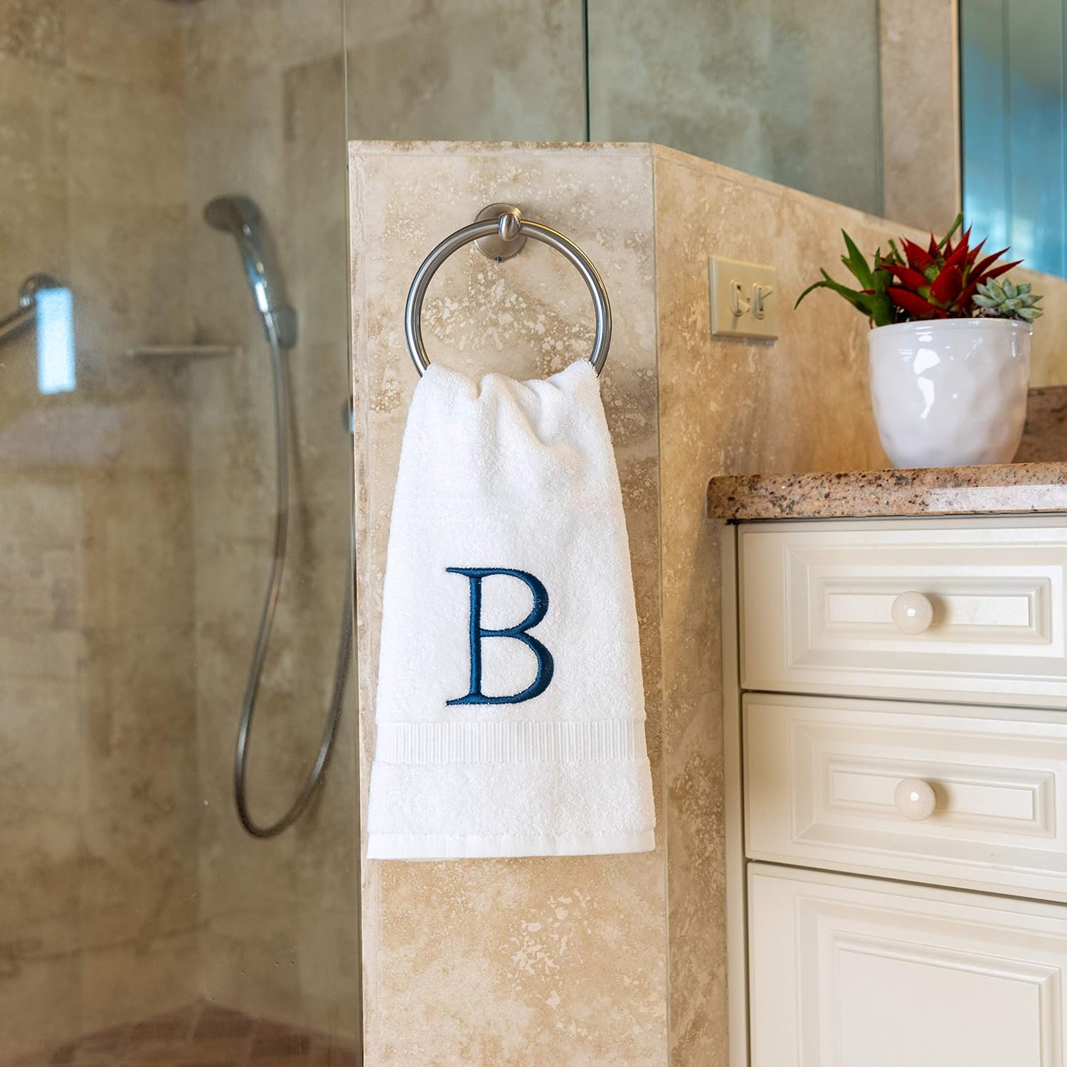 White with Navy Monogrammed Hand Towels for Bathroom - Set of 2 Letter B | Luxury Hotel Quality Initial Towels For