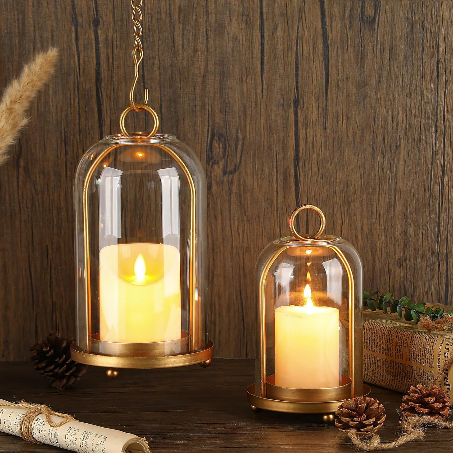 Vintage Brass Metal Candle Lantern with Thick Glass Dome Set of 2 | Shabby Chic Style Candle Holders (5.25"x10" &