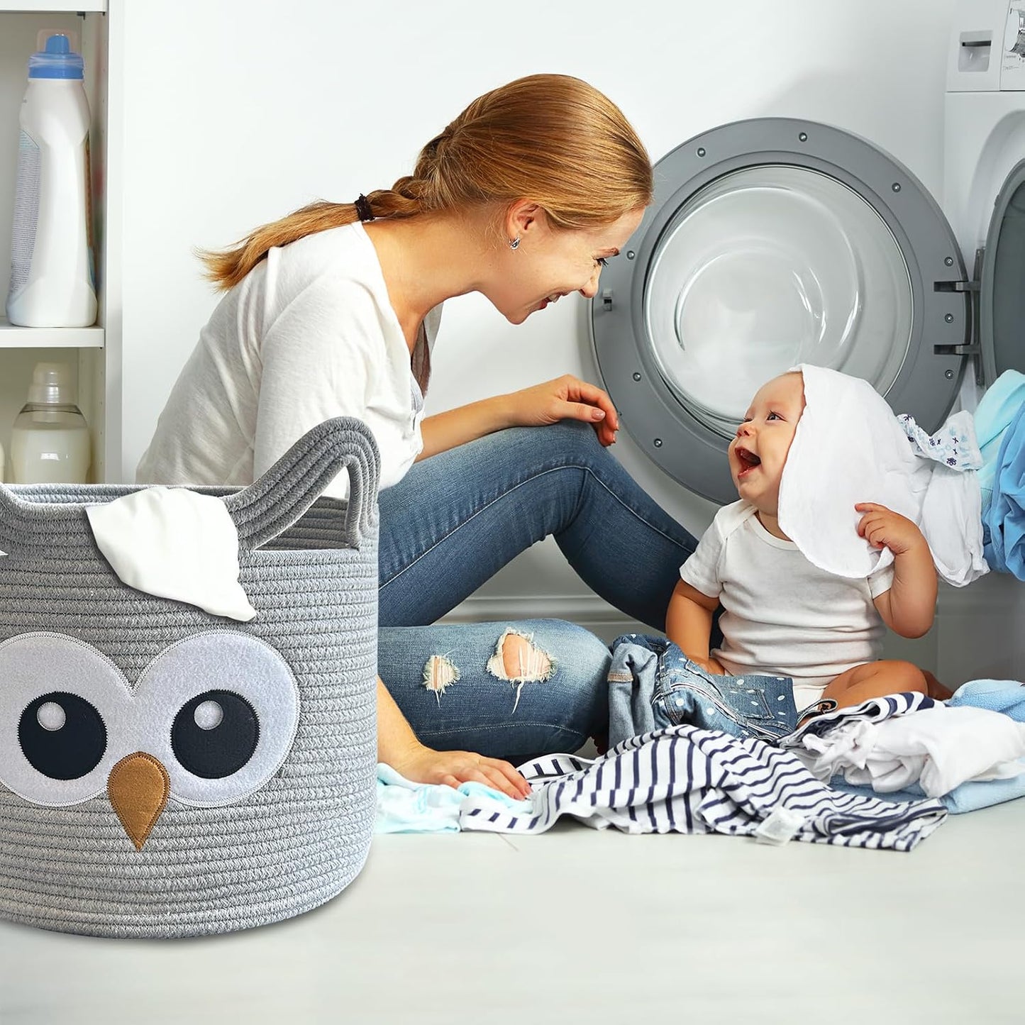 Owl Storage Basket for Gift Foldable Nursery Animal Toy Basket / Light Grey / Grey Owl