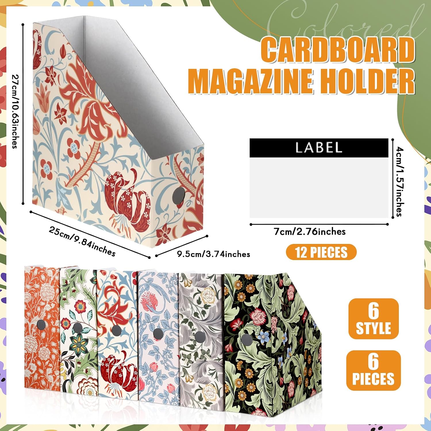 PerKoop 6 Pcs Decorative Magazine File Holders Floral Foldable File Folders Magazine Storage Boxes Rack Desk Organizer