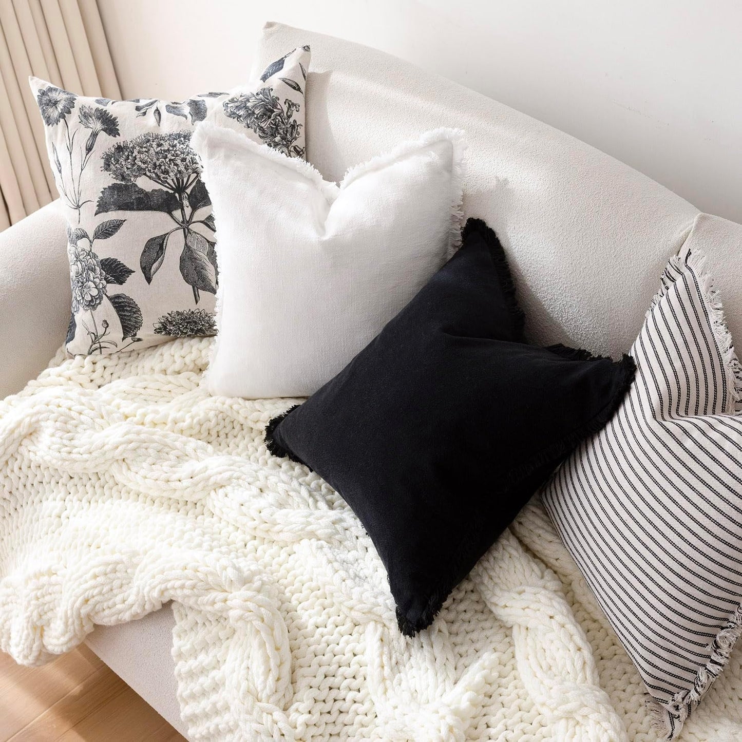 Decorative Linen Fringe Lumbar Throw Pillow Covers Boho Farmhouse Cushion Cover / 20 x 12 / Black