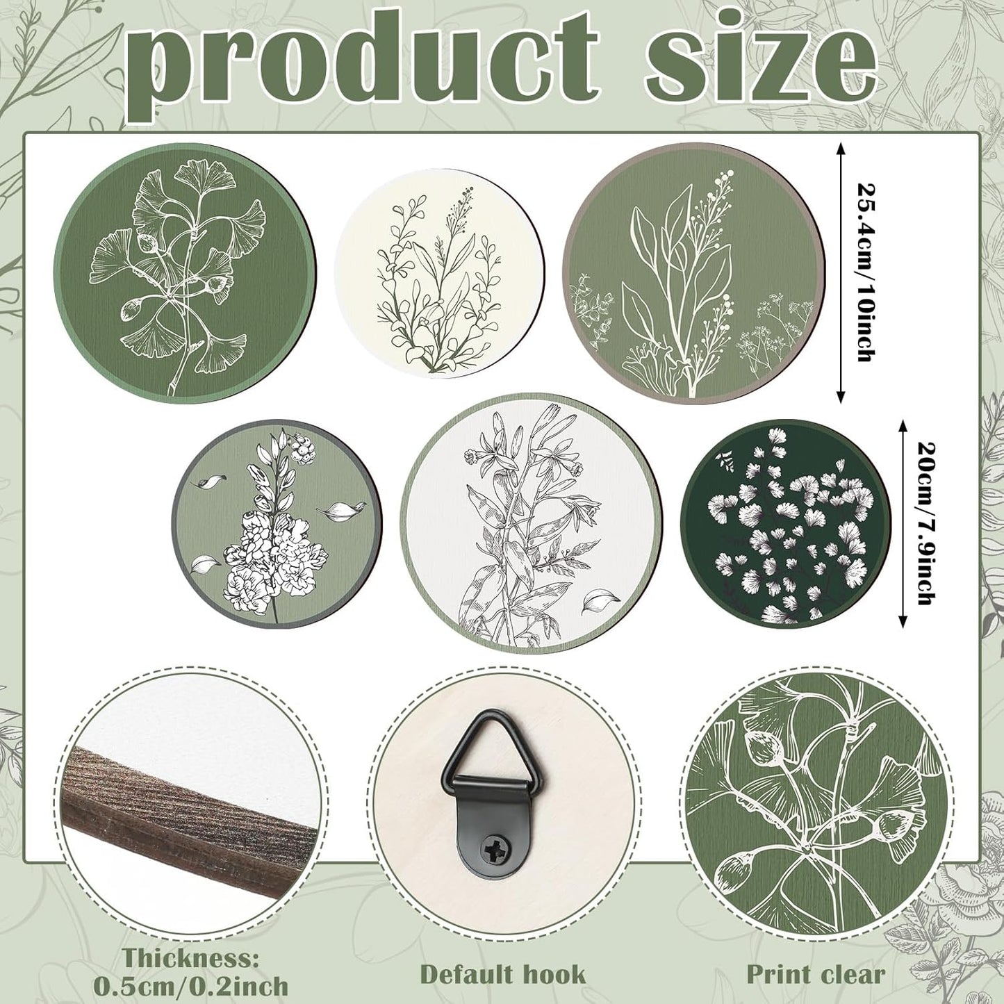 Boho Plant Wall Art Decor Wooden Boho Farmhouse Rustic / Greenery / 8 Inch, 10 Inch / Set of 6