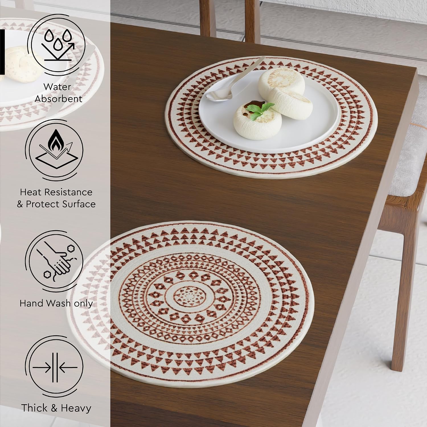 Encasa XO Dining Placemats, Cotton Round Table Mats 13" Maroon Mandala-3 Print