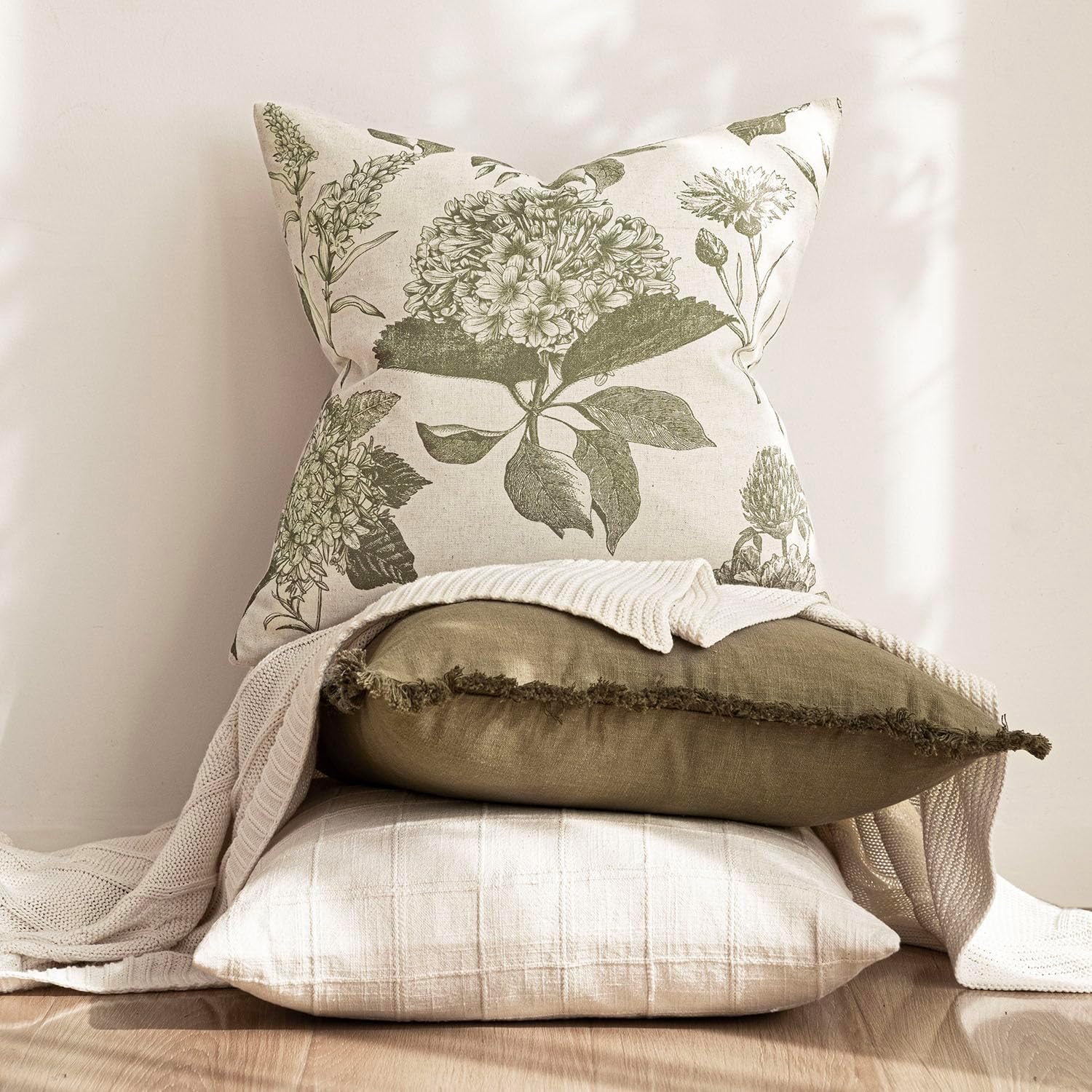 Linen Floral Vintage Throw Pillow Covers Neutral Accent Print / 18 x 18 / Cedar Green / Set of 2