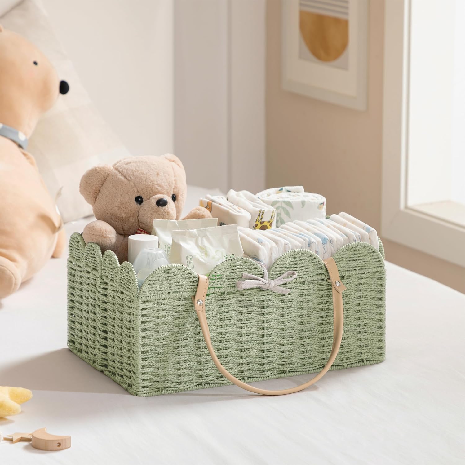 Paper Rope Scalloped Storage Baskets Nursery Bin / Green / Large
