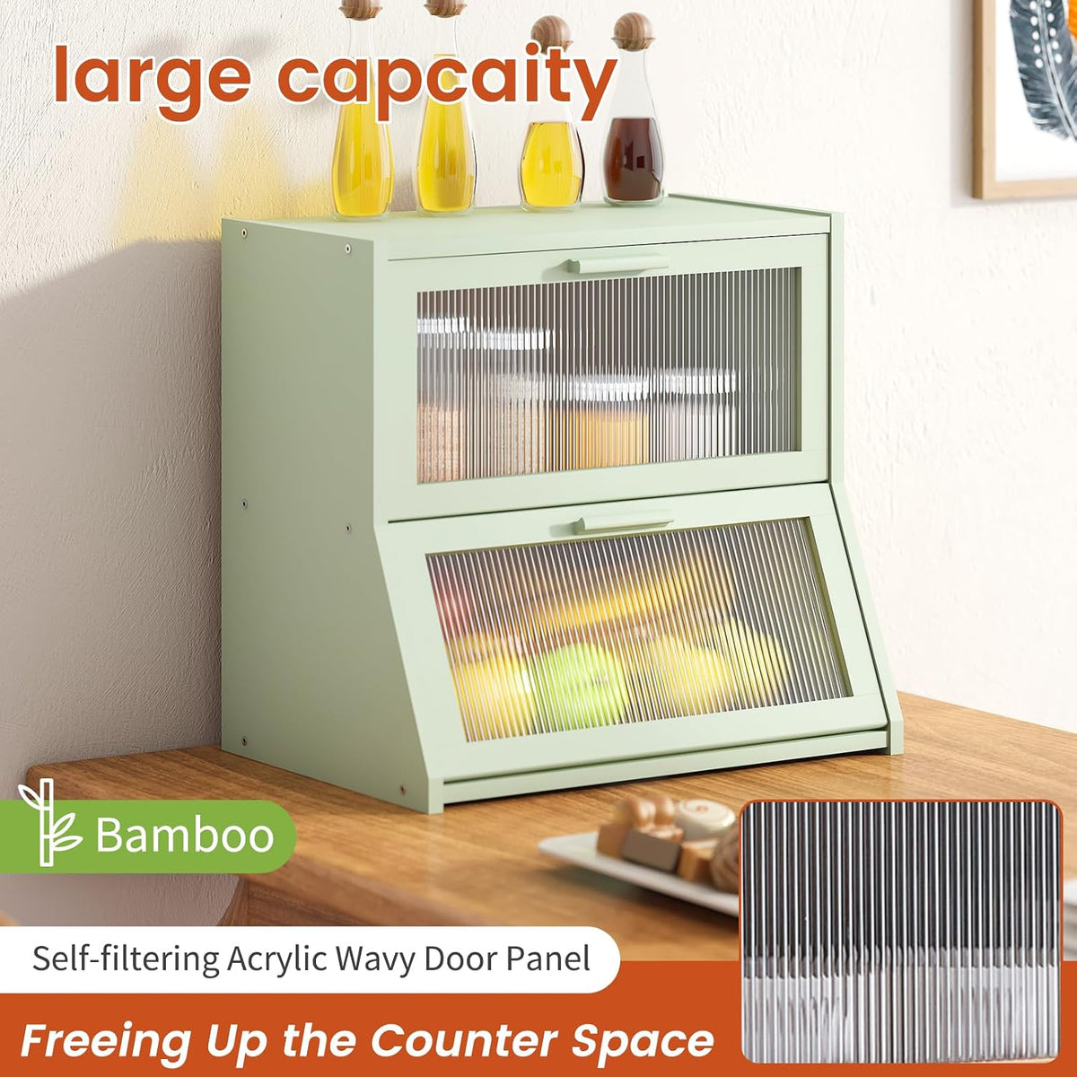 GHWIE Double Layer Bamboo Bread Box for Kitchen Counter,Large Capacity Bread Storage Bin,Bread Container with Acrylic