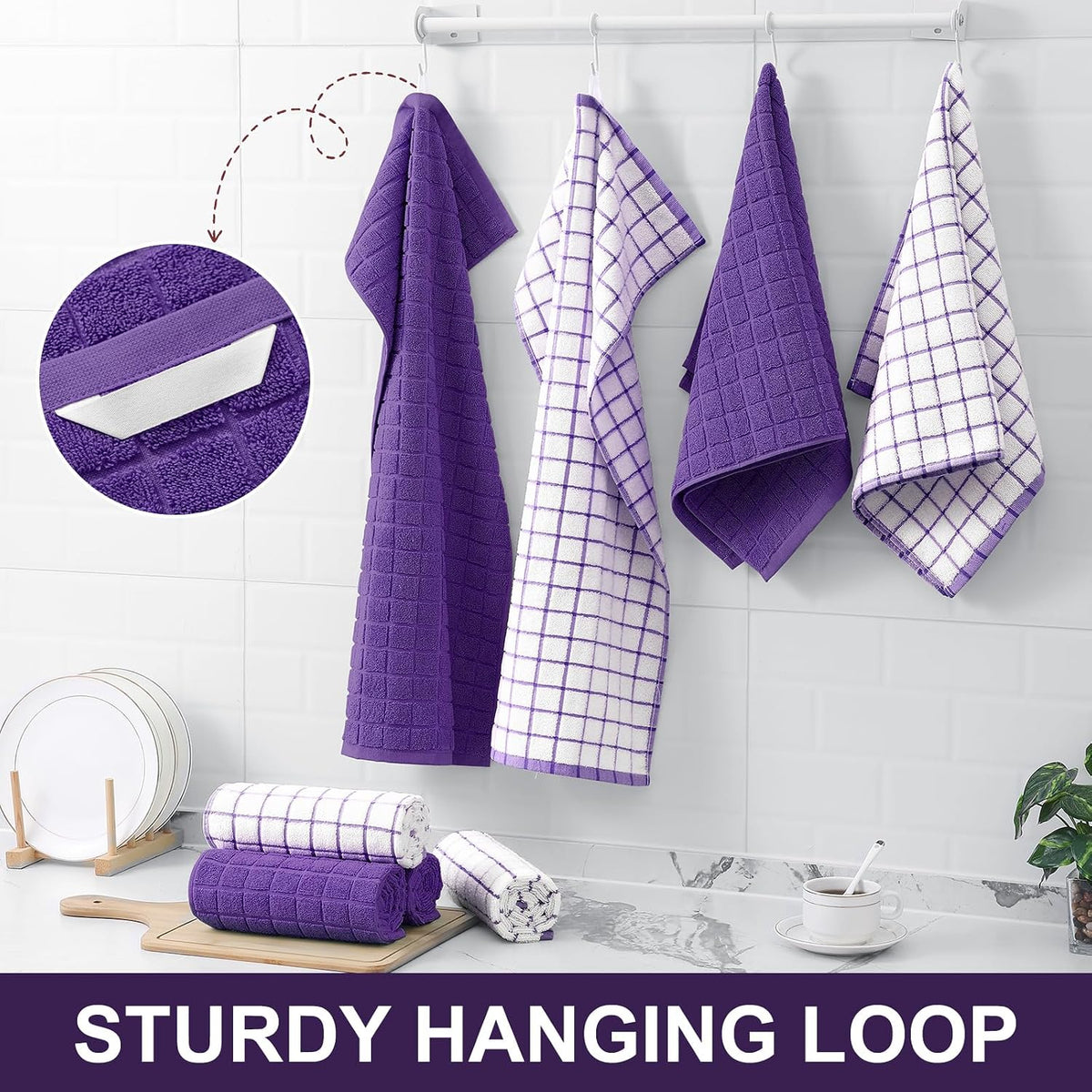Homaxy Large Premium Cotton Kitchen Towels 16"x 28", 6 Pack, Purple | Natural Ring Spun 390 GSM Dish Towels, Super