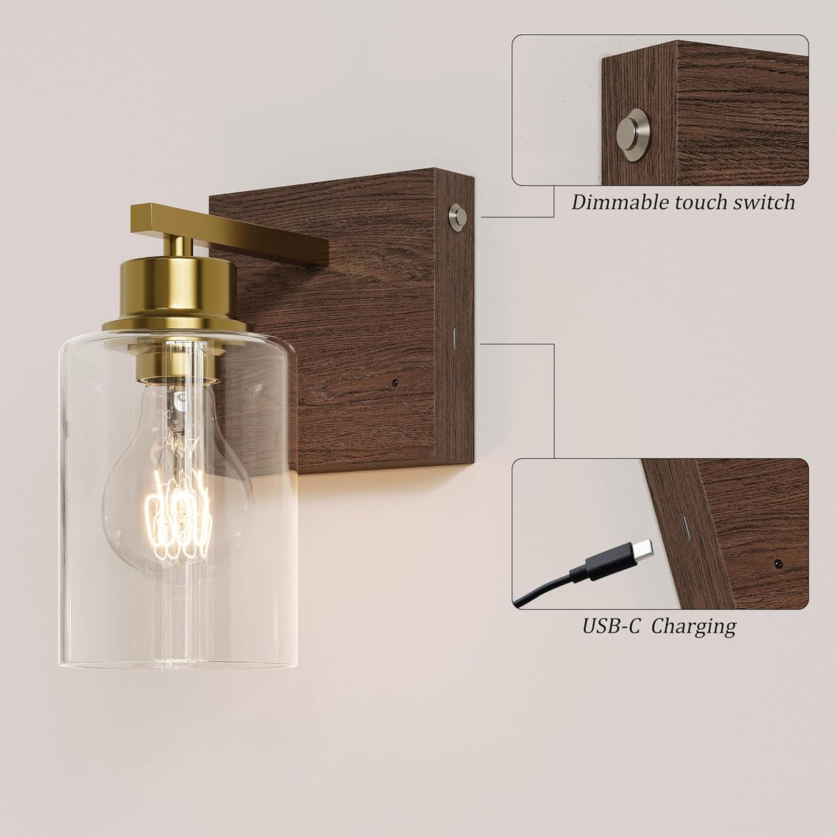 Rayogale Wireless Battery Operated Wall Sconce Set of 2 with Remote Control | Gold & Walnut Dimmable Rechargeable Wall