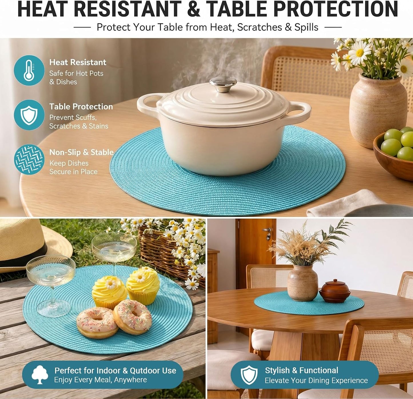 FunWheat Round Braided Placemats Set of 8 Place Mats for Dining Table Woven Washable Non-Slip Table Mats 15