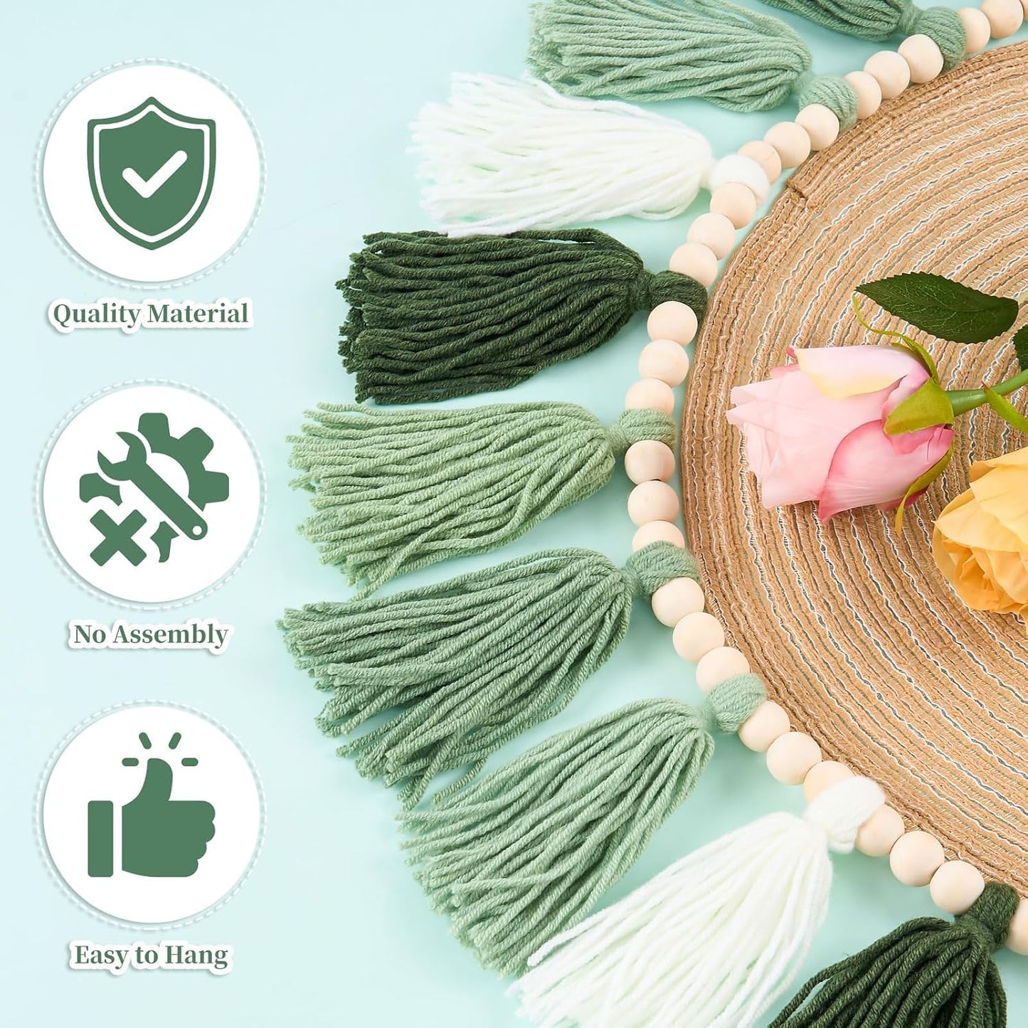 Boho Yarn Tassel Garlands Sage Wall Hanging Decoration / Green / Set of 3