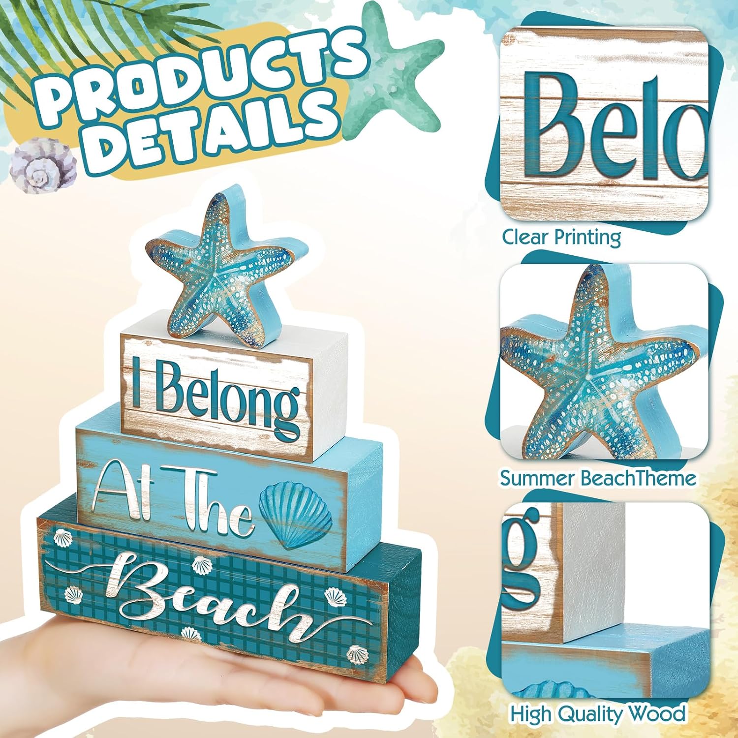 Starfish Decoration Summer Tiered Tray Decor At The Beach Wooden Sign / Starfish Style / Set of 4