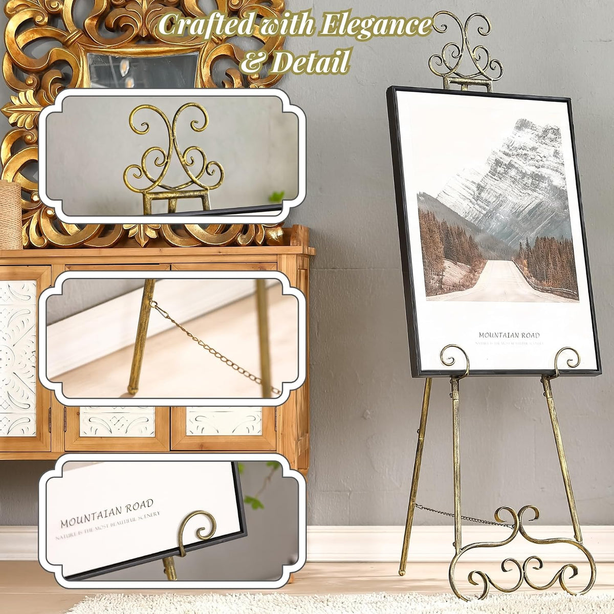 57”H Metal Easel Stand for Sign Vintage Gold Large Adjustable | Free Standing Display Scroll Easel Stand, Heavy Duty