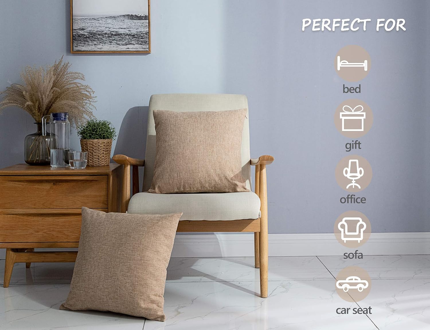 Linen Throw Pillow Covers Square Solid Farmhouse Burlap Cushion / 18 x 18 / Natural Linen / Set of 2