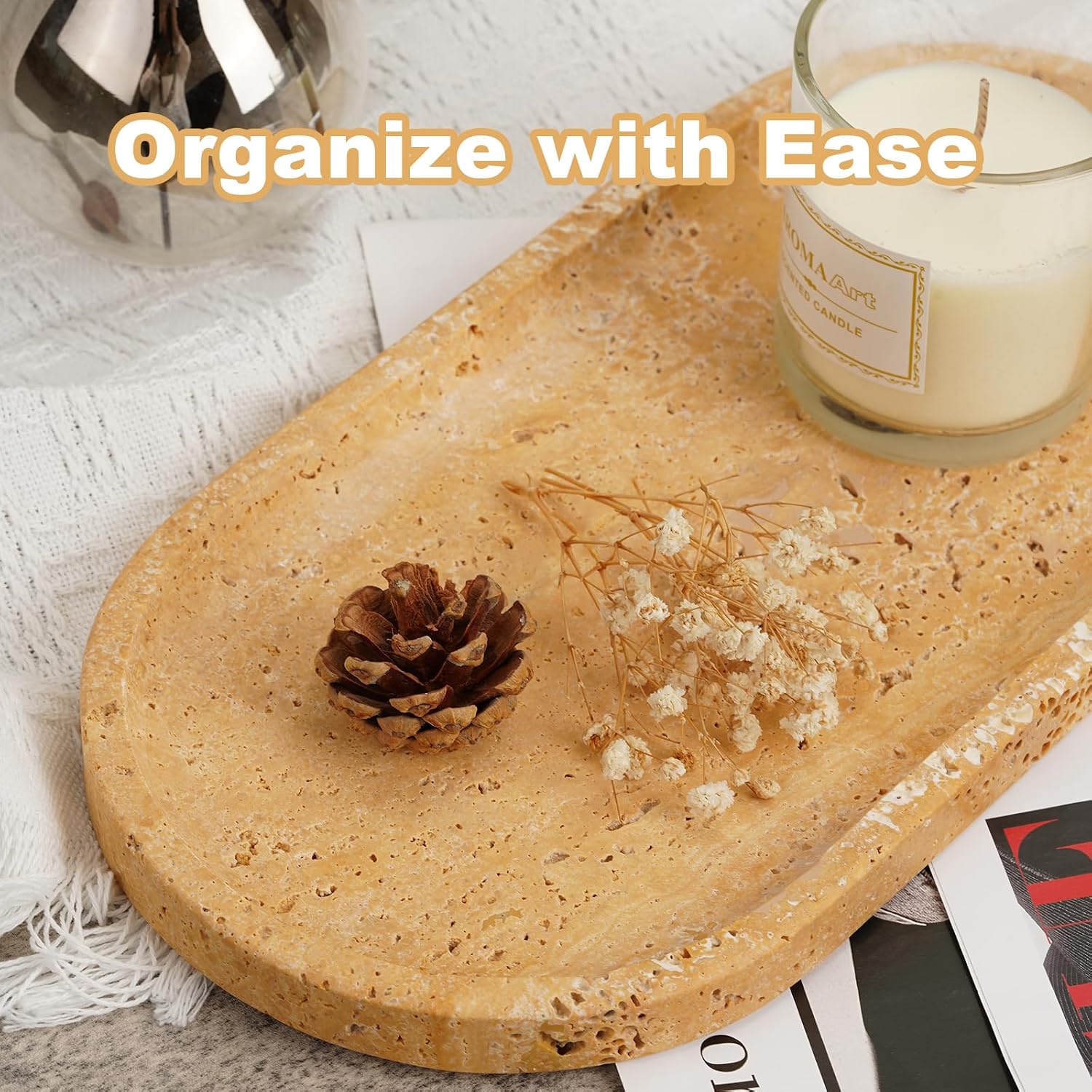 Catchall Tray / Wabi Sabi Home Countertop Organizer / Golden Travertine / 12 x 6 x 0.8 / Natural