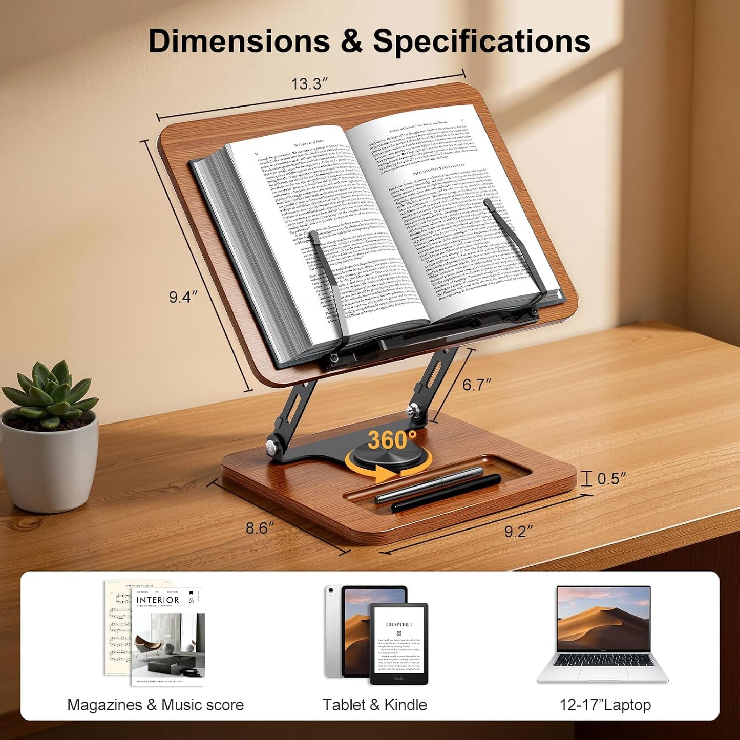 OPTIXCELL Book Stand for Reading, 360° Rotating Book Holder, Page Clips | Hands Free, Built-in Storage Tray, Adjustable