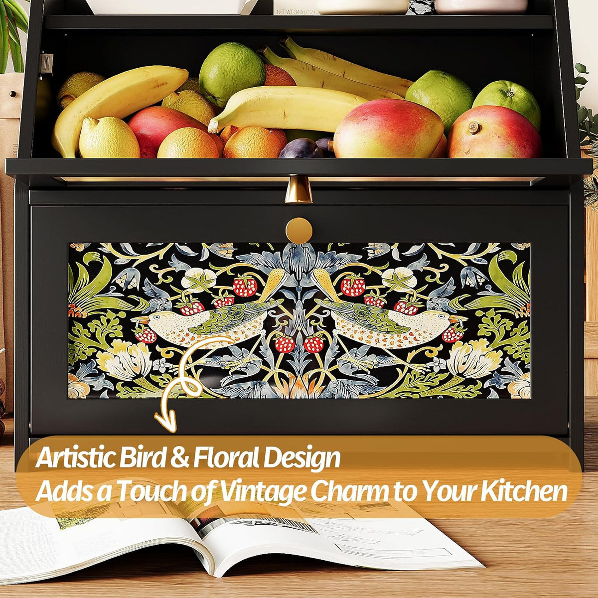 Trironsun Bamboo Bread Box for Kitchen Counter Black Bread Storage Container with Acrylic Door William Morris Flower