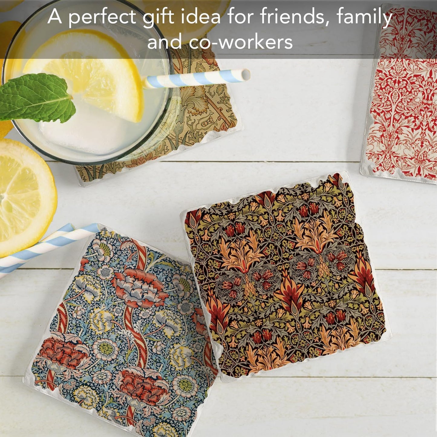 Thirstystone Assorted Tumbled Tile Stone Coasters / William Morris Textiles / Set of 4