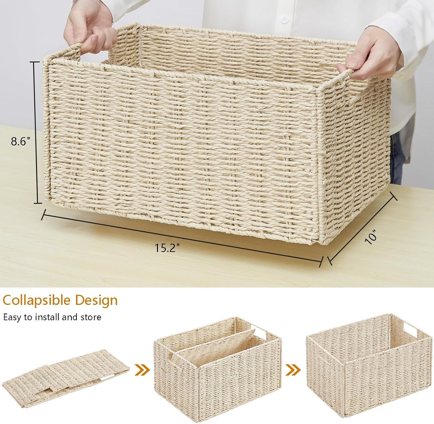 Wicker Storage Basket / Beige / 15.2"D x 10"W x 8.6"H / Set of 2