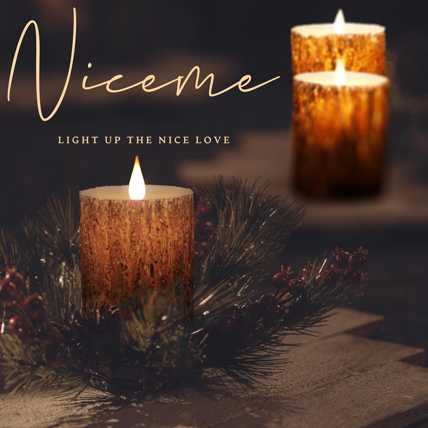 NICEME Rechargeable LED Pine Bark Flameless Candles with Timer Remote USB Cable, Brown Real Wax USB Candles Flickering