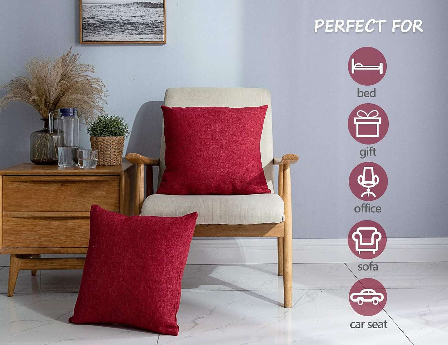 Christmas Decorative Linen Throw Pillow Cover Square Farmhouse Burlap / 20 x 20 / Red / Set of 2