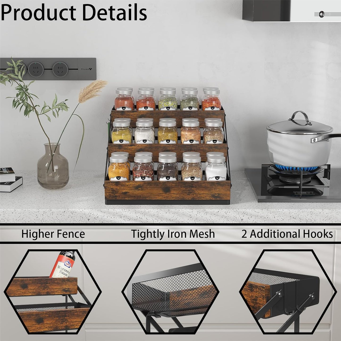 3 Tier Foldable Spice Rack Organizer for Countertop, Step Shelf with Spice Jars for Kitchen Cabinet Drawers Seasoning