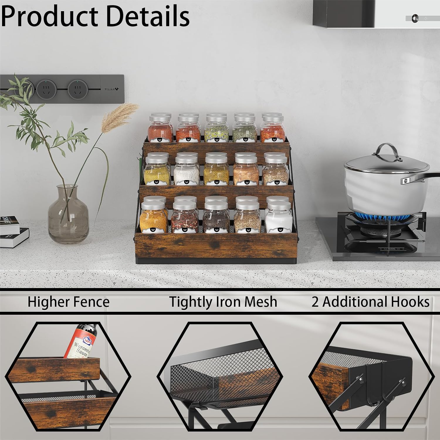 3 Tier Foldable Spice Rack Organizer for Countertop, Step Shelf with Spice Jars for Kitchen Cabinet Drawers Seasoning