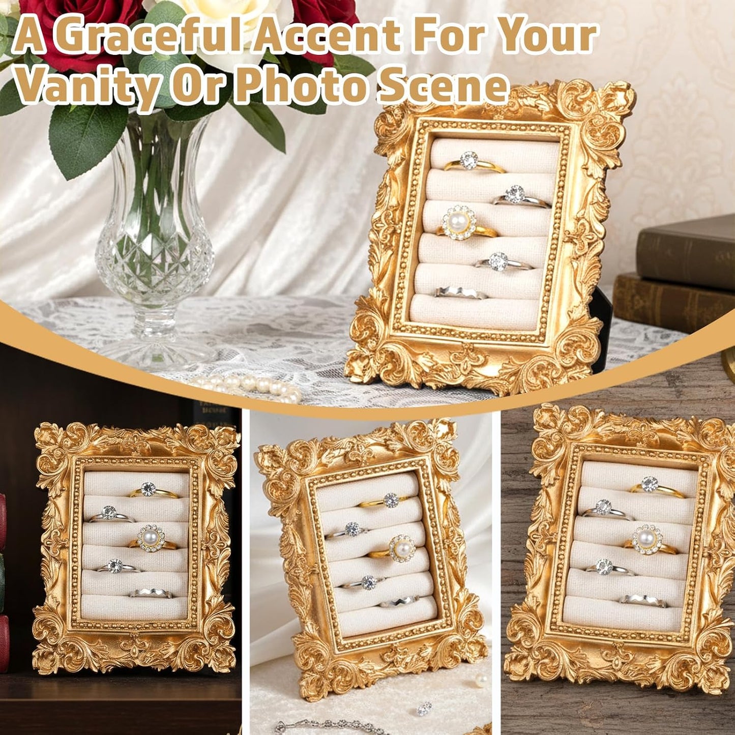 Vintage Ring Holder Rectangle Jewelry Display Stand / Gold