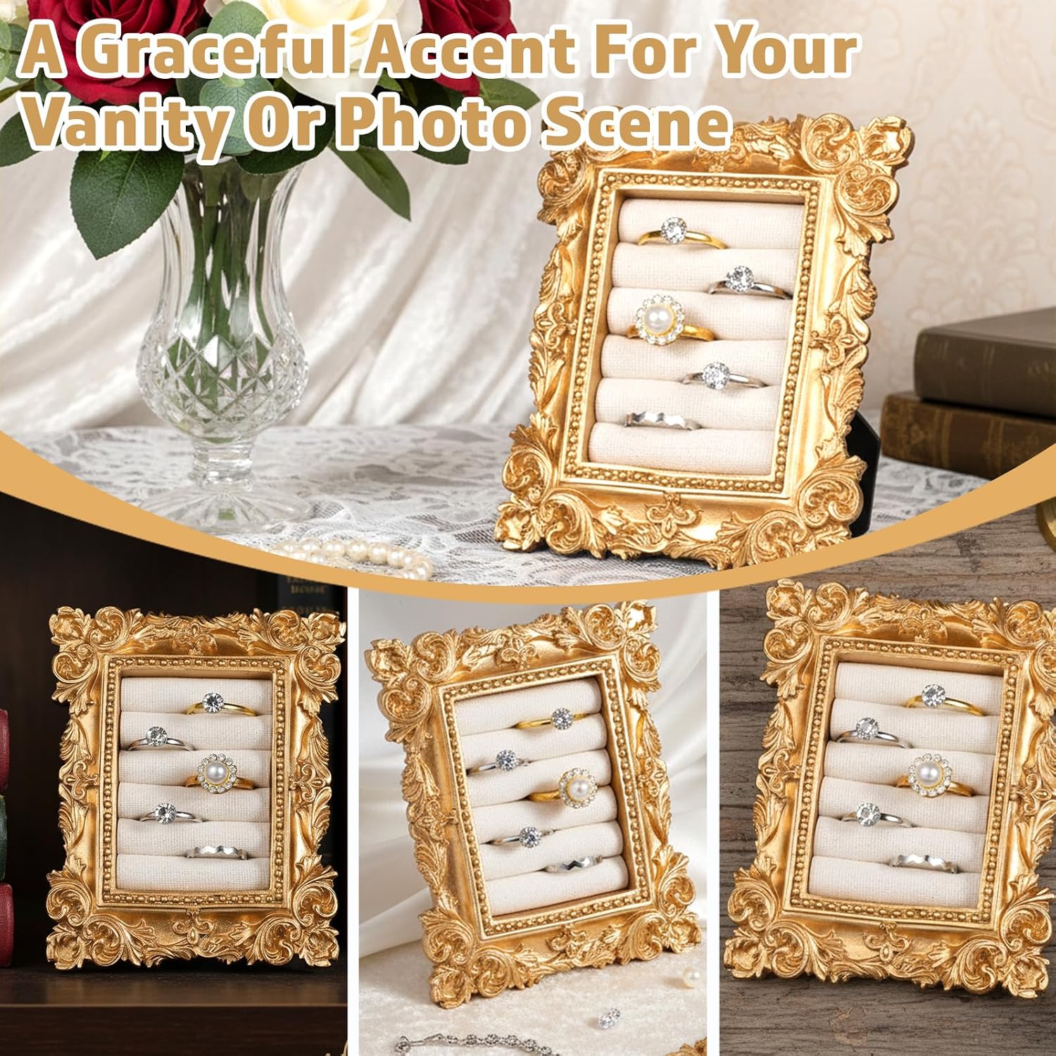 Vintage Ring Holder Rectangle Jewelry Display Stand / Gold